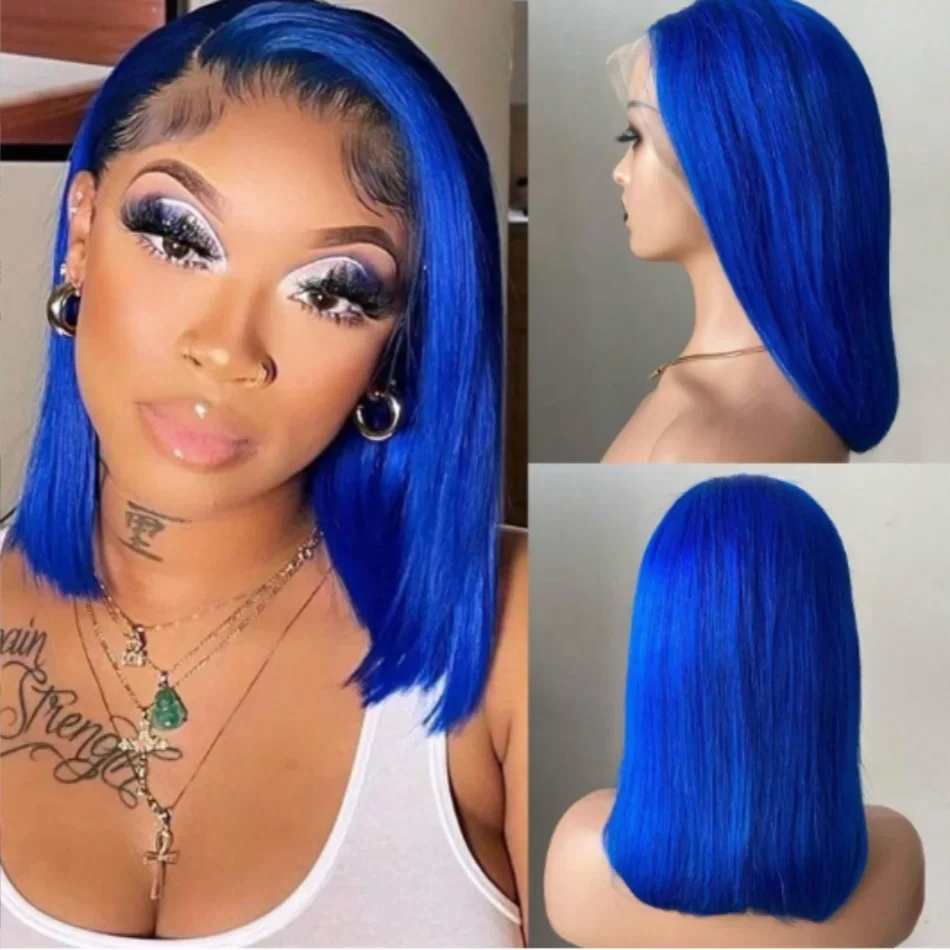 

Короткий синий парик Боб Прямой парик фронта шнурка для женщин 13x4 HD парик фронтальной части шнурка Синтетический естественный вид для вечеринки Ежедневное использование