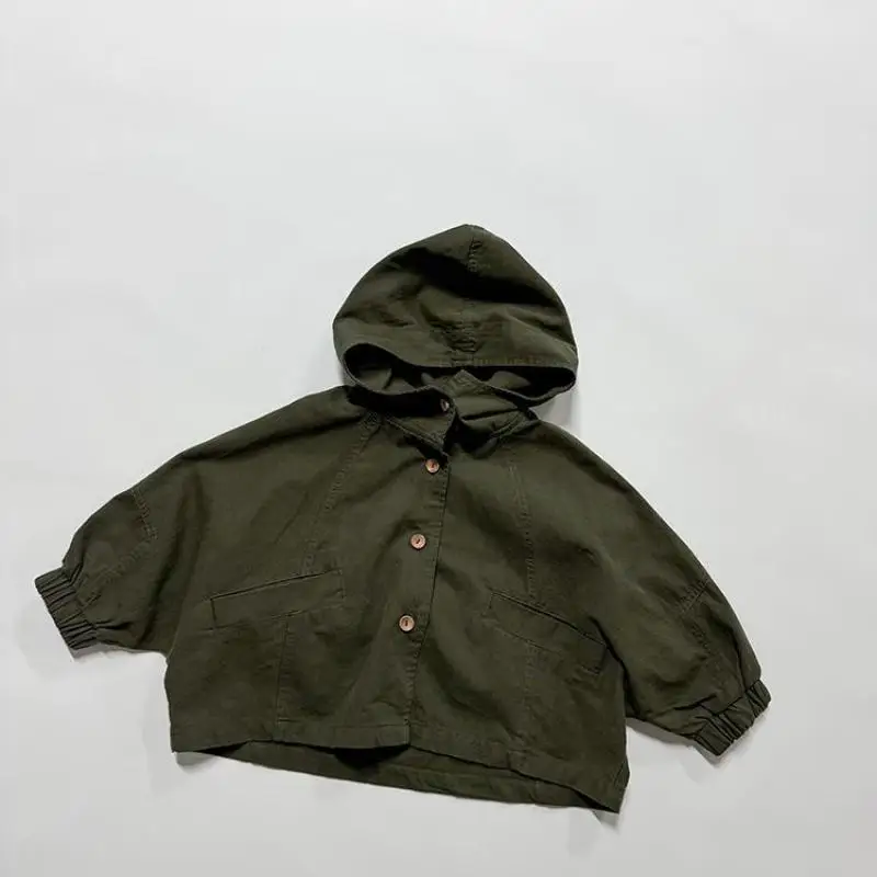 

2025 Autumn New Children Hooded Windbreaker Solid Boys Dolman Sleeve Zipper Jacket Fashion Girls Loose Coat Cotton Kids Clothes