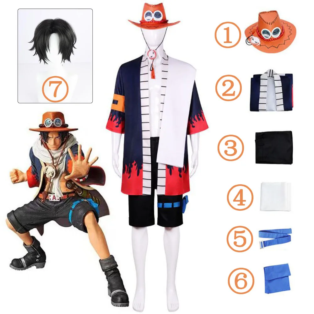 

One Piece Portgas D Ace Cosplay Costume Wig Adult Anime Kimono Sets and Hat Halloween Carnival Performance Clothing Free Wig Cap