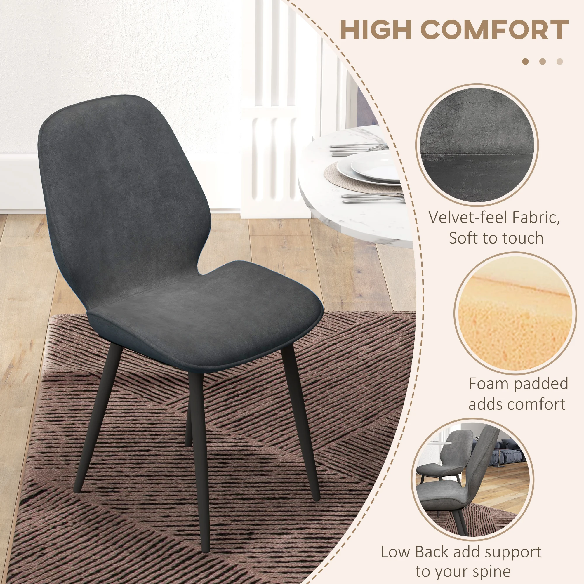 HOMCOM Dining Chairs Set of 2 Upholstered Kitchen Chairs w/ Metal Legs Grey