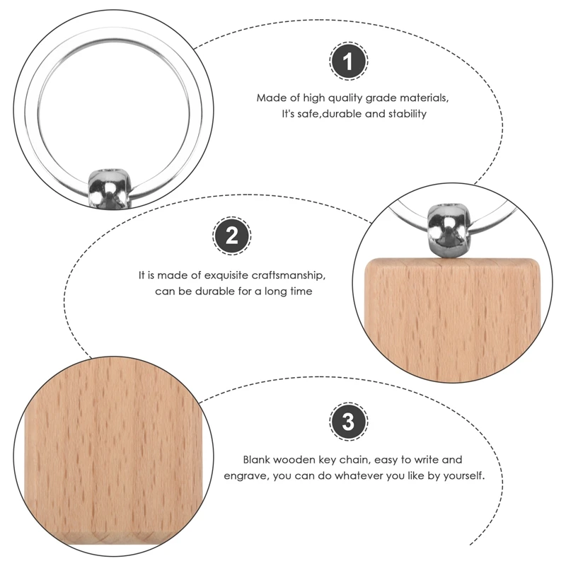 100Pcs DIY Blank Wooden Key Chain Rectangle Heart Round Ellipse Carving Key Ring Wood Key Chain Ring