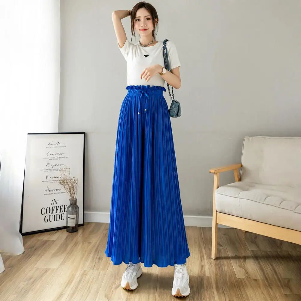 

Sports Pants Stylish Wide Leg Trousers Elastic High Waist Adjustable Drawstring Pleated Design Women's Casual Pants Wide-leg