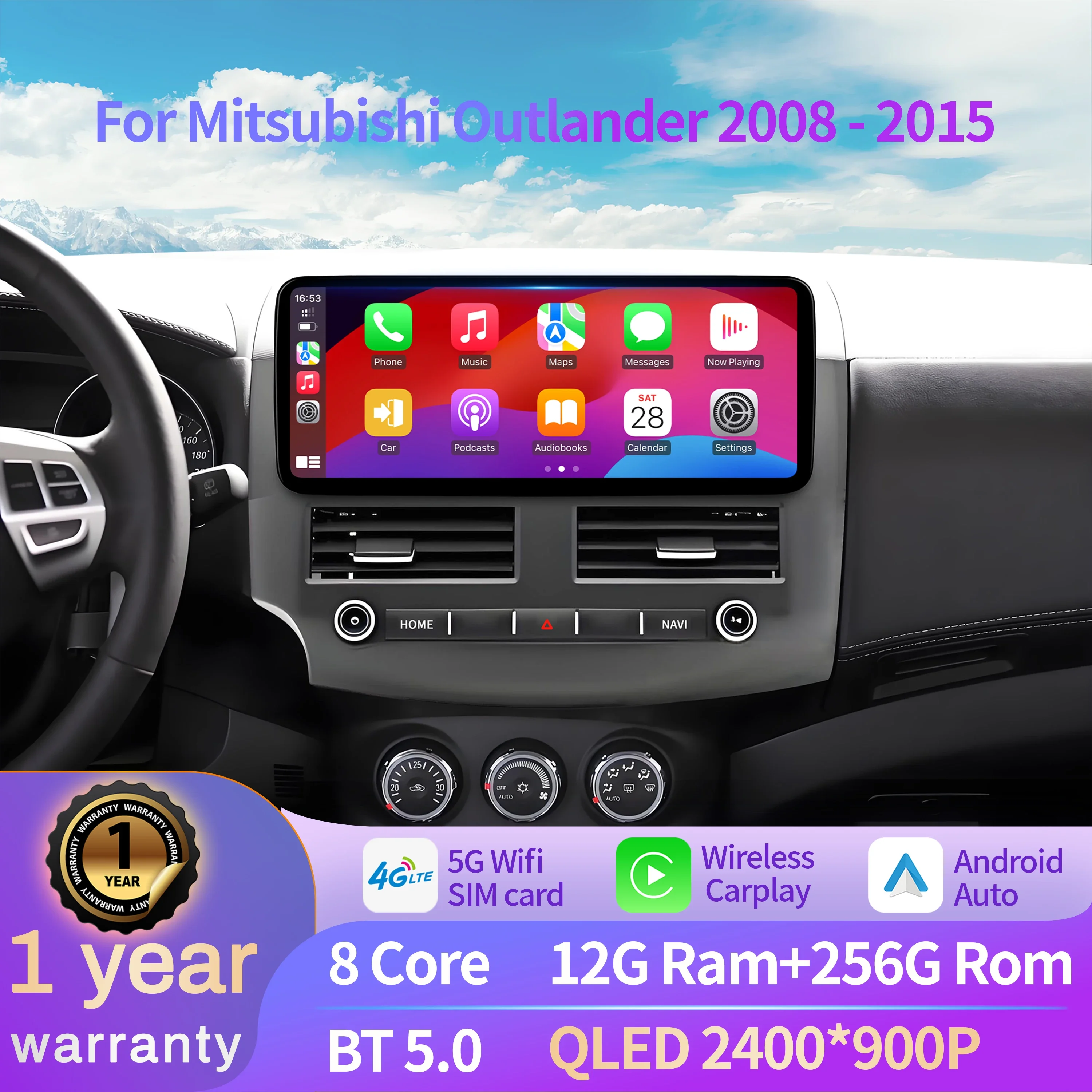 12.3 Inch 4G GPS 5G WiFi Car Radio for Mitsubishi Outlander 2008-2015 Wireless BT Carplay Multimedia Touch Screen
