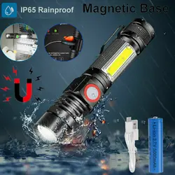 50000LM T6 + COB zoom LED flashlight USB rechargeable flashlight without magnetic base