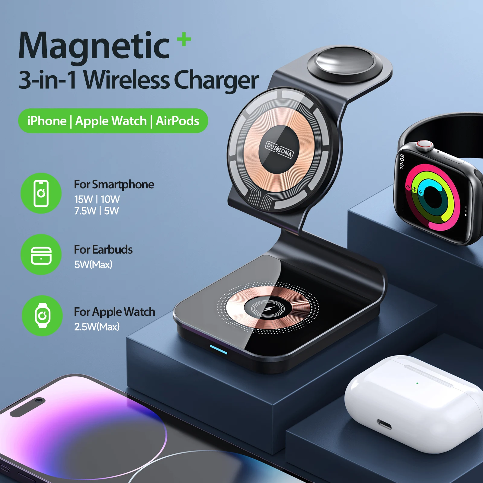 transparent three-in-one wireless charger magnetic bracket 15W fast-charging phone headset iWatch watch