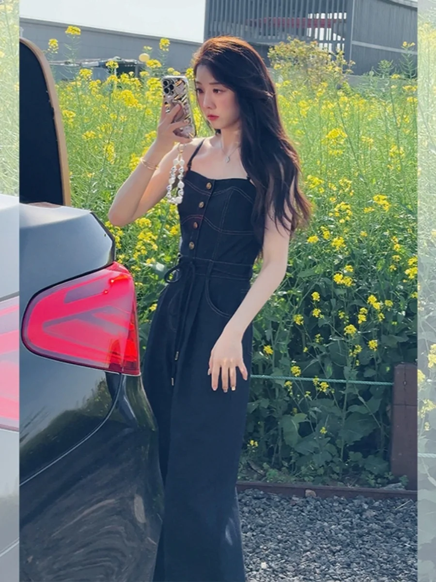 

American Retro Denim Overalls High Waist Wide Leg Pants Set Strap Dr Pants Long Trousers Summer New Arrival Women's Suit