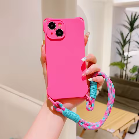 Silicone 4-Corner Shockproof Soft Phone Case for IPhone 16 15 Plus 14 13 12 11 Pro Max XS X XR Wrist Strap Protective Cover