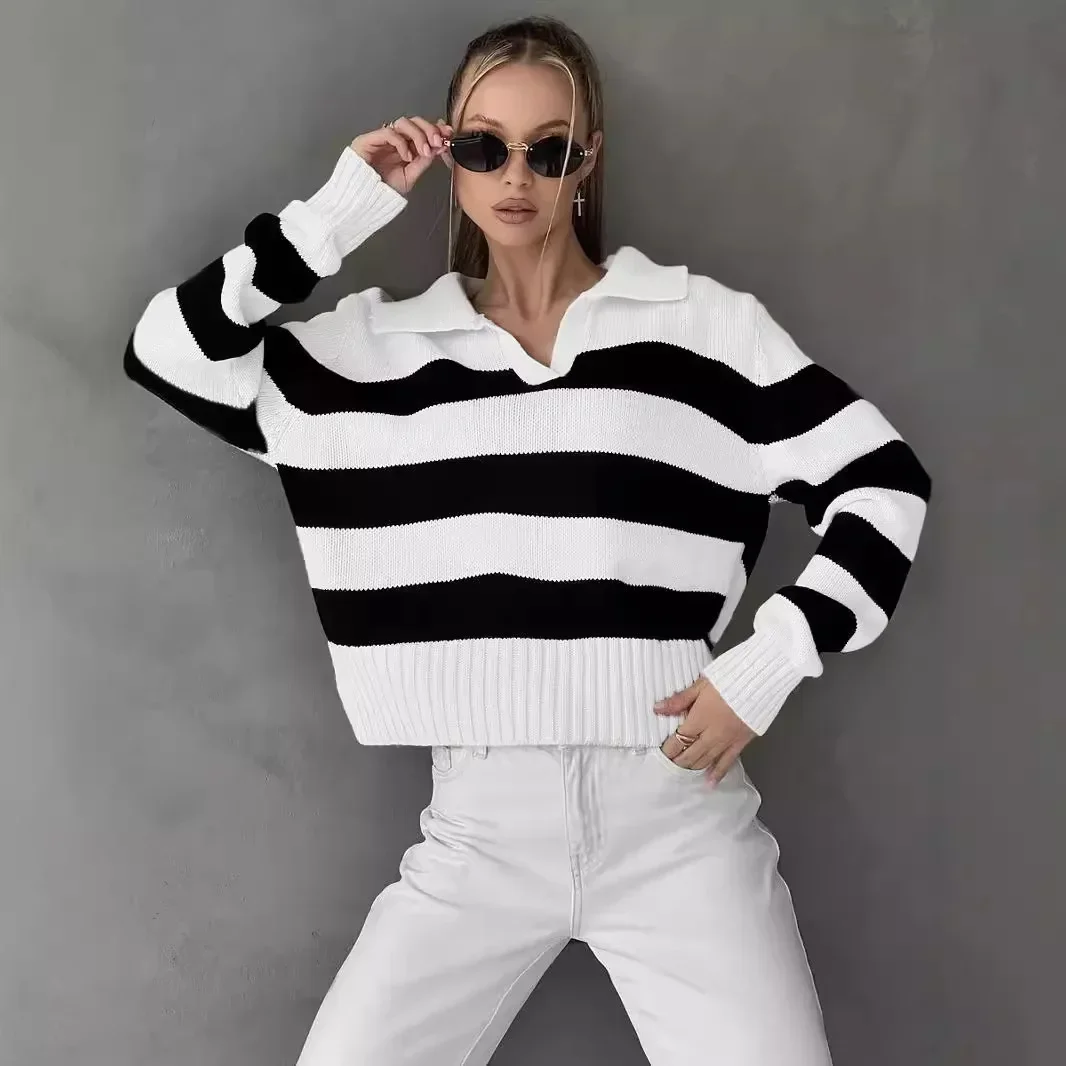 Women's knitted sweater autumn and winter new products European and American cross-border POLO collar striped