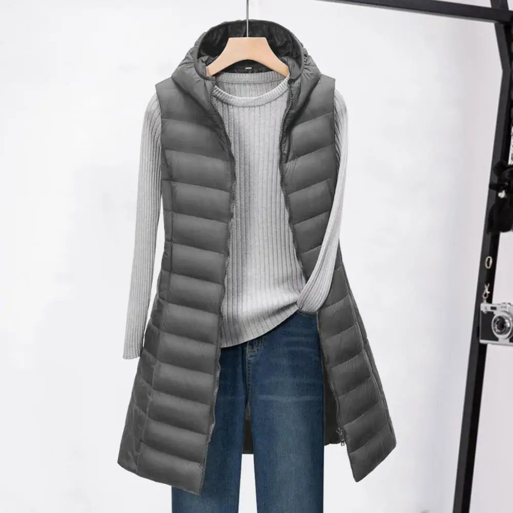 Lightweight Padded Women Vest with Hood Thin Padded Windproof Sleeveles Mid Length Waistcoat Zipper Closure Cardigan Outerwear