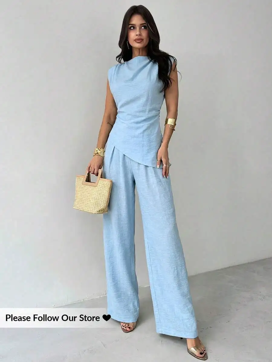 

Sleeveless Asymmetric Ruched Waist Linen Blouse And Wide Leg Pants Set Casual Summer Office Outfit For Women