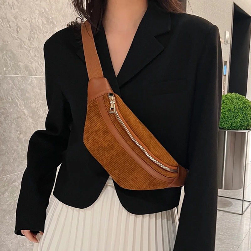 New Corduroy Simple Women Waist Bag Lady Solid Color Shoulder Crossbody Bags Female Fanny Pack Fashion Versatile Phone Chest Bag