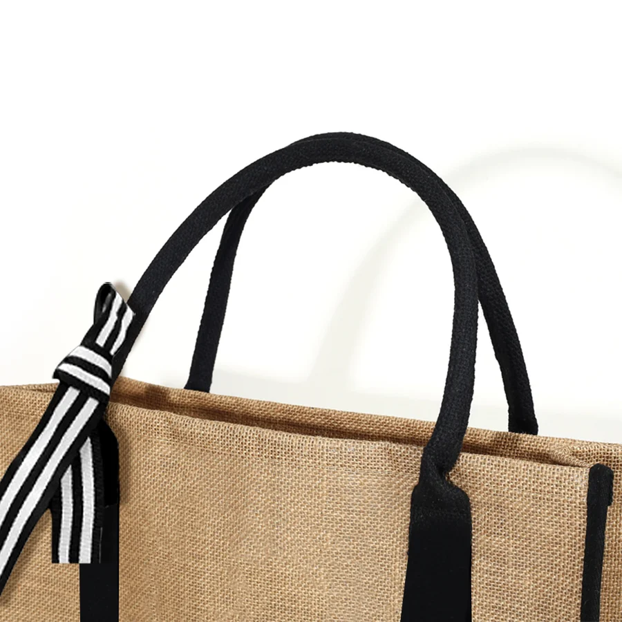 حقيبة تسوق بمقبض شريطي بسيط من الكتان، حقيبة تسوق هدايا ذات سعة كبيرة مع حروف مطبوعة، حقيبة التنقل اليومية