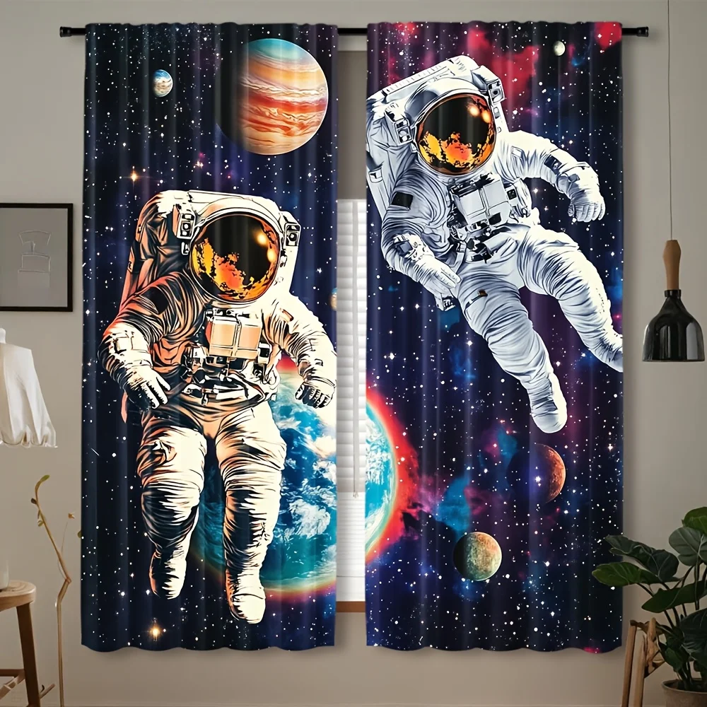 Galaxy Astronaut Planet Curtain 2 Pack, Starry Nebula Space Print Drapes for Boys Outer Space Bedroom Gaming Room Decor