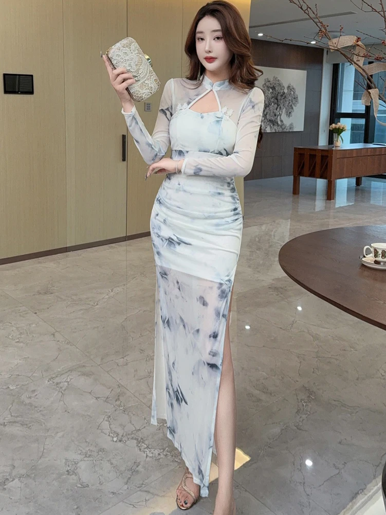 2025 Pink Floral Mesh Sheer Sexy Club Dress Women Elegant Casaul Holiday Dress Autumn Winter Korean Fashion Bodycon Party Dress