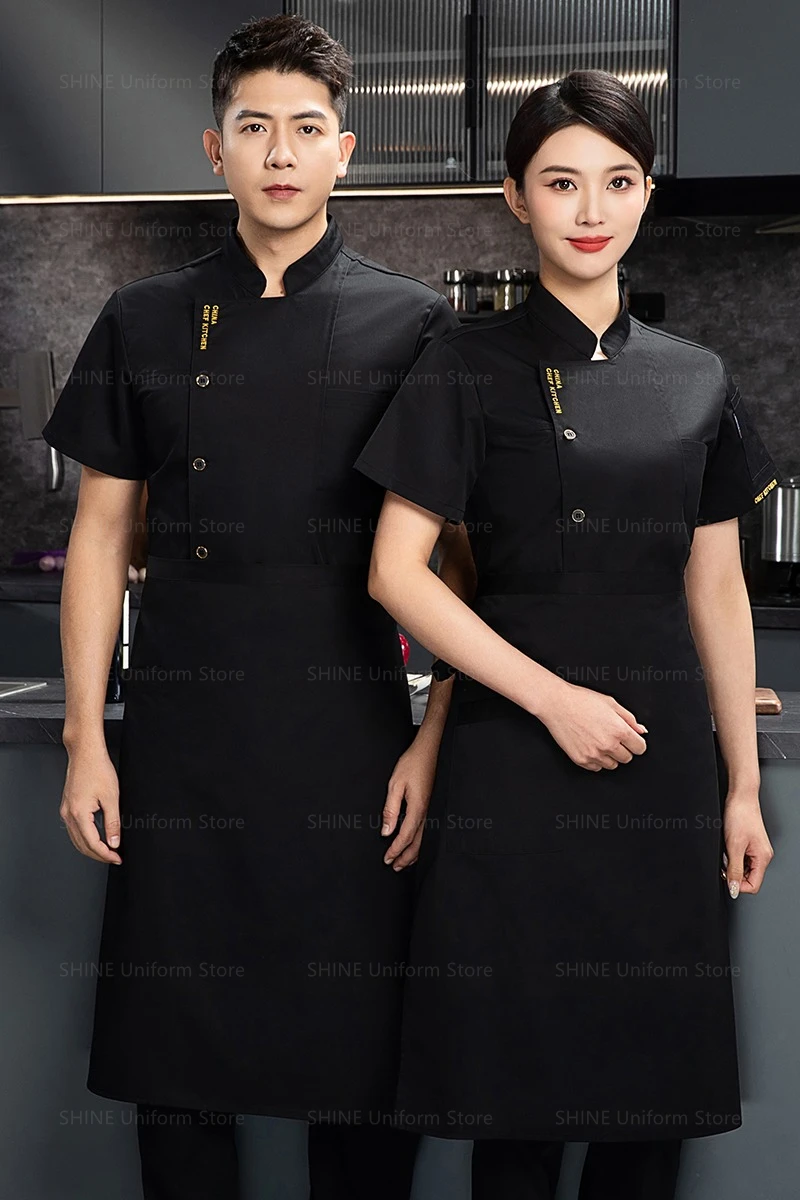 Veste d'été à manches courtes pour hommes, uniforme de Chef noir, tablier, vêtements de travail, logo, short de Chef, manteau de Chef respirant, cuisine