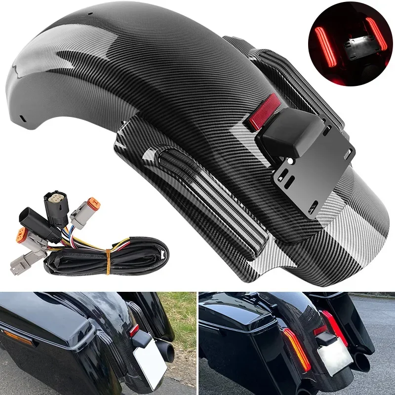 Black Motorcycle LED Rear Fender System Extension Fascia Set Accessories For Harley Touring Road King Road Electra Glide 2014-UP