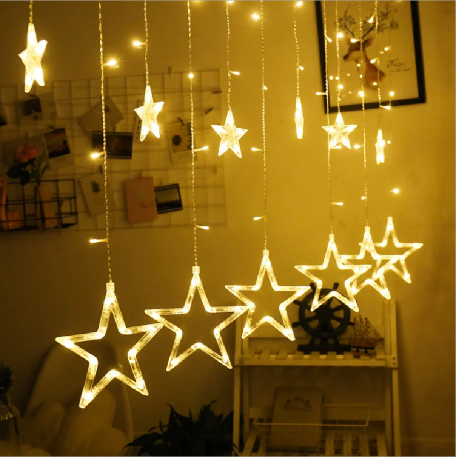 8 Modos EU Plug LED Cortina String Luzes Criativo Estrela Natal Garland Fada Luzes Ao Ar Livre para Festa de Casamento Quarto Decoração