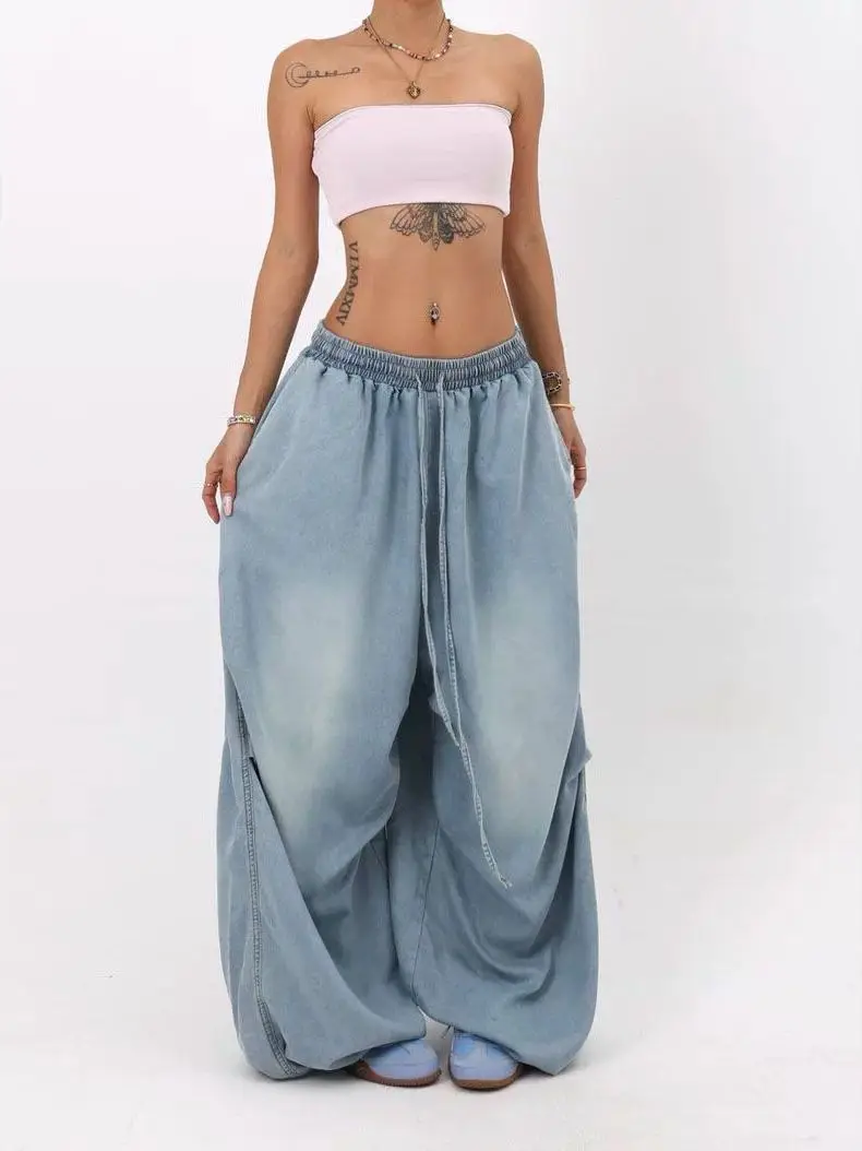 

Street Style High Waist Wide Leg Jeans Floral Print Personality Denim Trousers for Women Iron Free Pure Color Spring Season