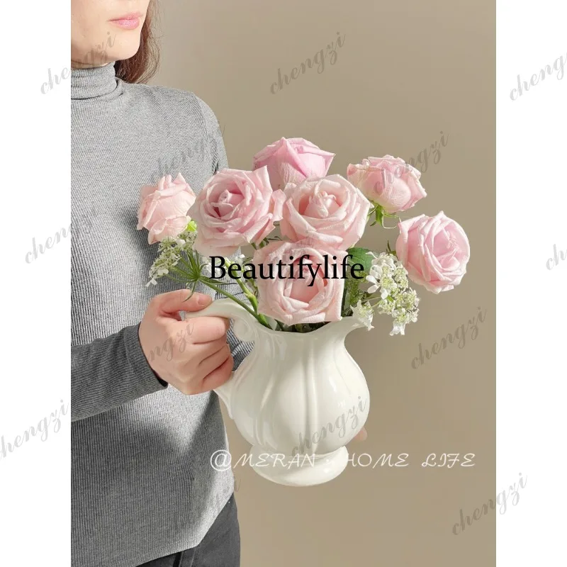 French Cream Air Milk Pot Ceramic Vase Ornament Living Room Flower Arrangement, Flower Premium, Vase