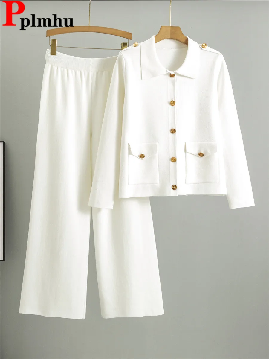 

Women Casual Knitted 2 Piece Sets Korean Lapel Neck Knitwears Sweater Cardigan Tops Conjuntos High Waist Wide Leg Pants Outfit