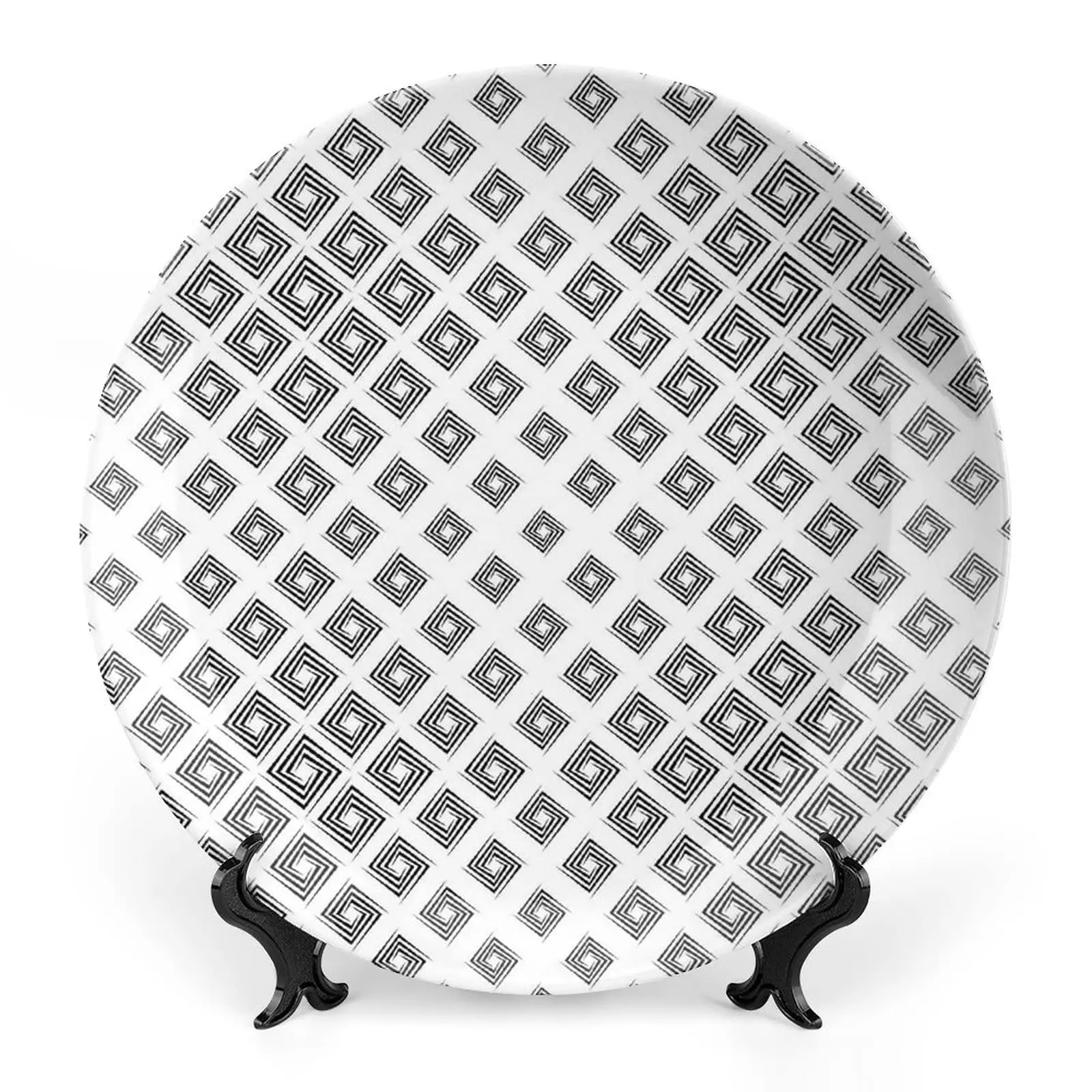 Monochrome Squares of Motif Grid Design Geometric, Abstract Ceramic Hanging Decorative Plate, Household Custom Ceramic Plate