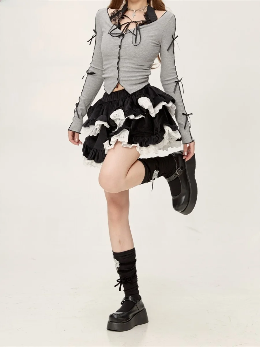 Chic Velvet Flower Bud Short Skirt Women's Spring Autumn Puffy Cake Style Half-length Lace Trimmed Korean Fashion Trend