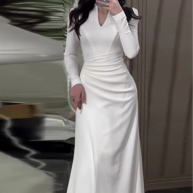 

SKMY 2025 Autumn New Solid Color Slim Fit Gentle Style Pleated Long Sleeved Dress Women Clothing V-Neck Party White Dress