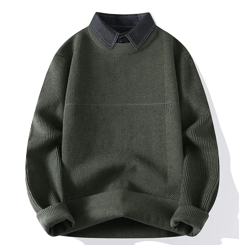 

Мужской вязаный свитер с эффектом двухслойности, повседневный, с воротником-рубашкой, для отдыха, зимний, с длинным рукавом, из мягкого полиэфирного волокна, утолщенный