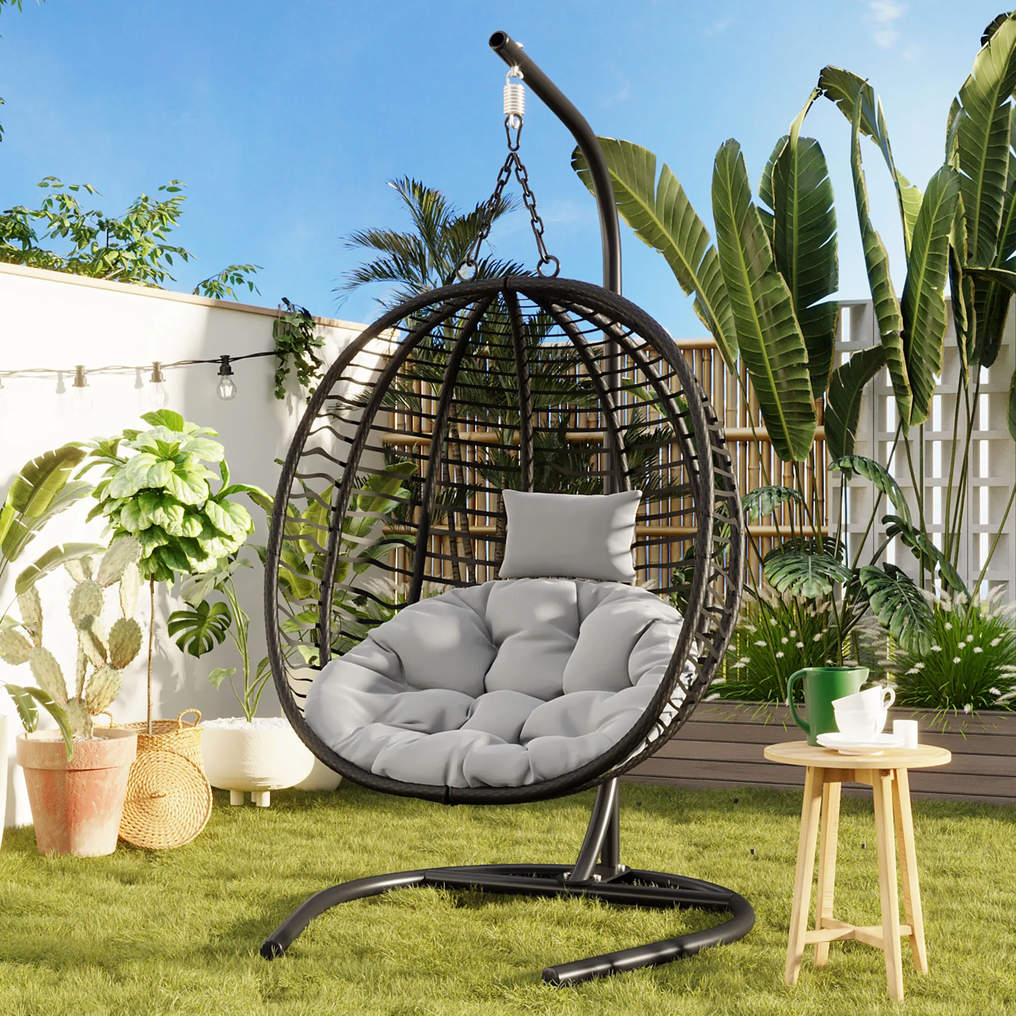 single folding hanging egg chair bracket, wicker hammock swing chair, adjustable non-slip feet, suitable for indoor/outdoor use