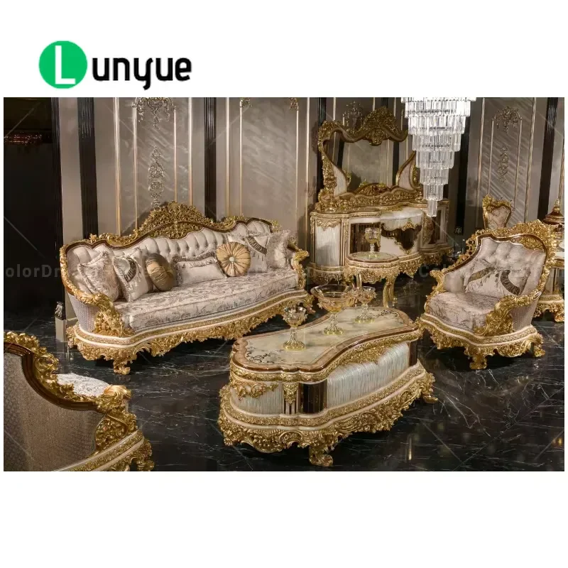 Luxury Royal Turkish Sofa Set Gold Solid Wood Carving Classic Living Room Furniture Elegant Home Decor