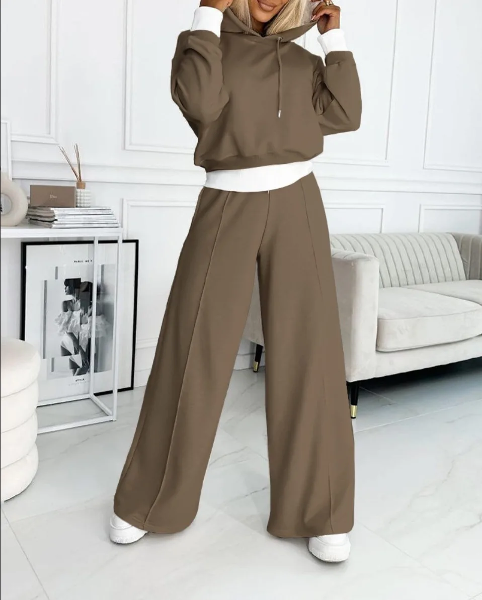 2023 Autumn Winter Long Sleeve Hoodie Sweatshirt and Drawstring Wide Leg Pants Casual Solid Color Tracksuit Women Two Piece Set