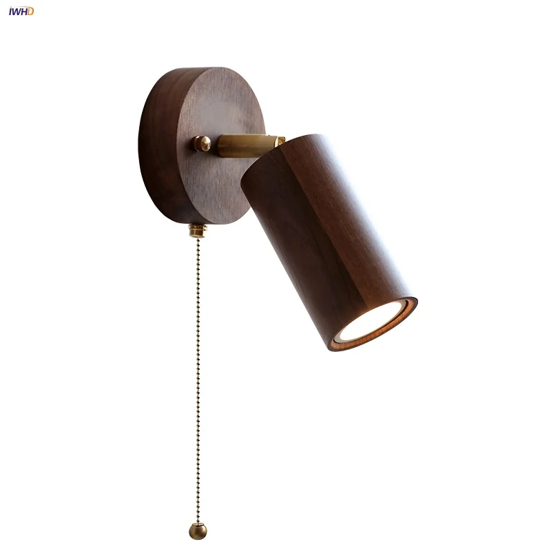 

IWHD Nordic Modern Simple LED Wall Lamp Living Room Hallway Walnut Pull Chain Switch Rotate Bathroom Mirror Light Aplique Pared