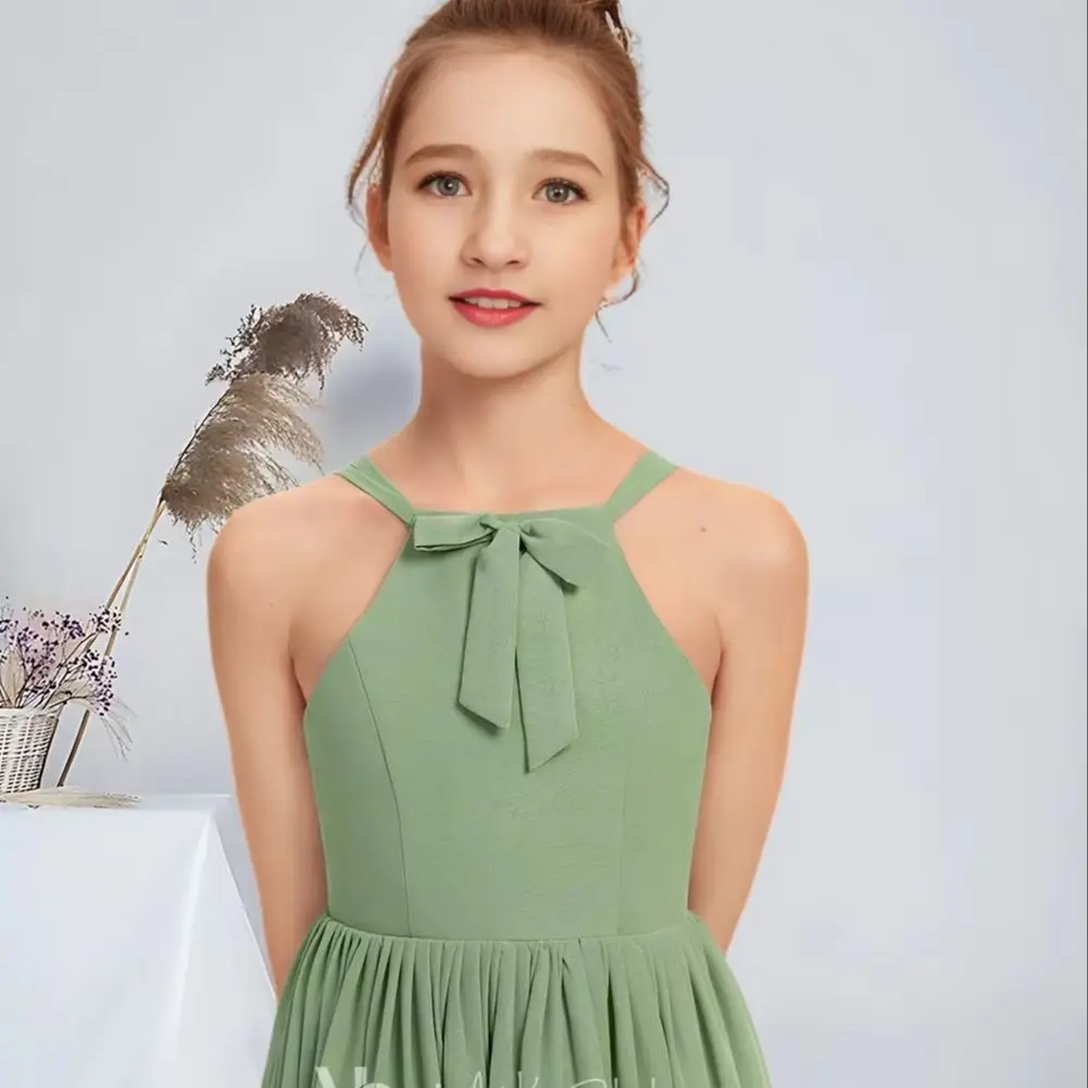 

SCA A-line Halter Floor-Length Chiffon Junior Bridesmaid Dress With Bow Basil Flower Girl Dress for Wedding Dresses School Dance