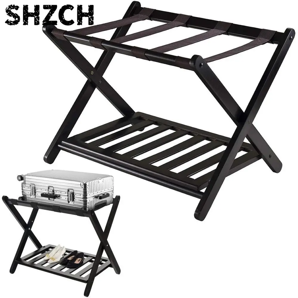 2段式木製スーツケーススタンド、寝室やホテル用収納棚付き、68x40x58cm
