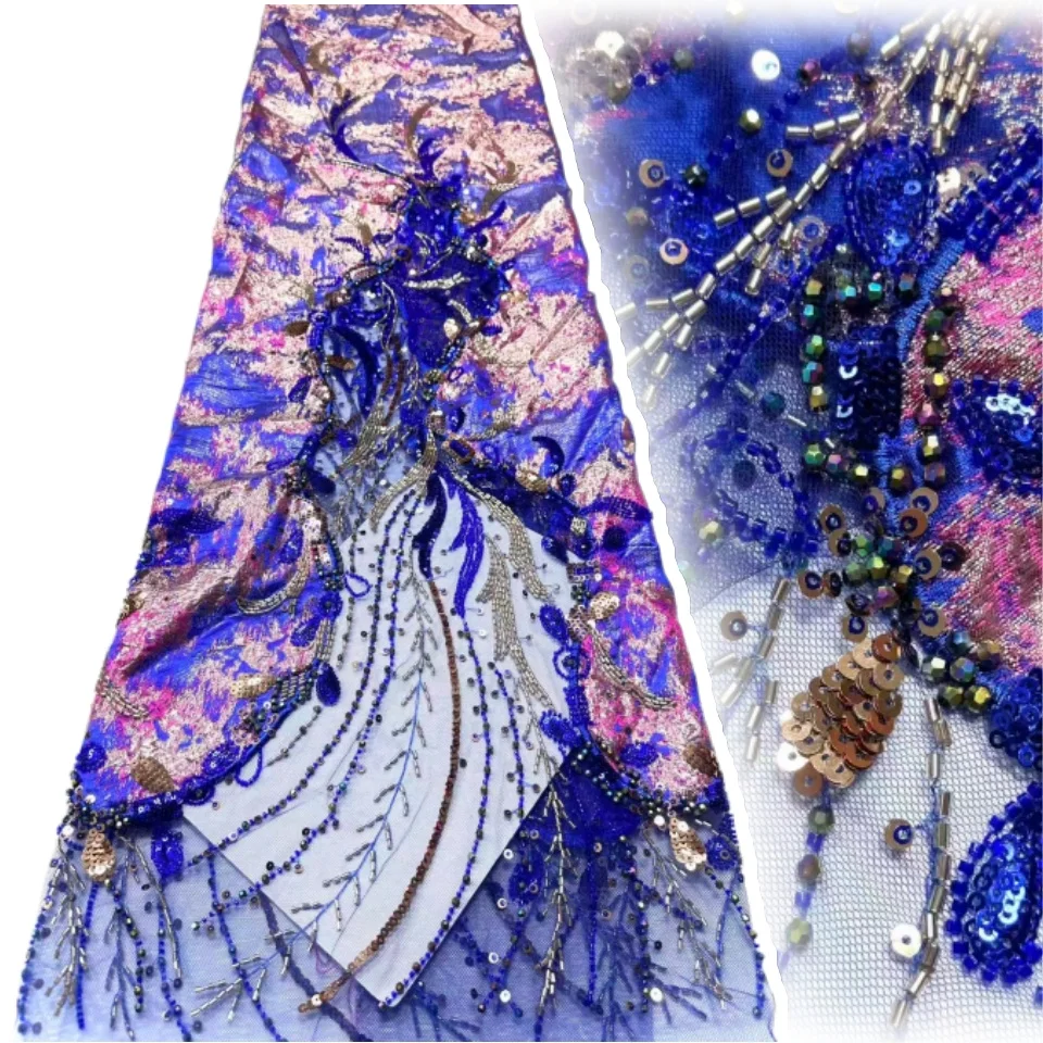 

Blue African Sequins Beaded Lace Fabric High Quality Groom Wedding Bridal Embroidery French Tulle Dress Sewing 5 Yards 2032