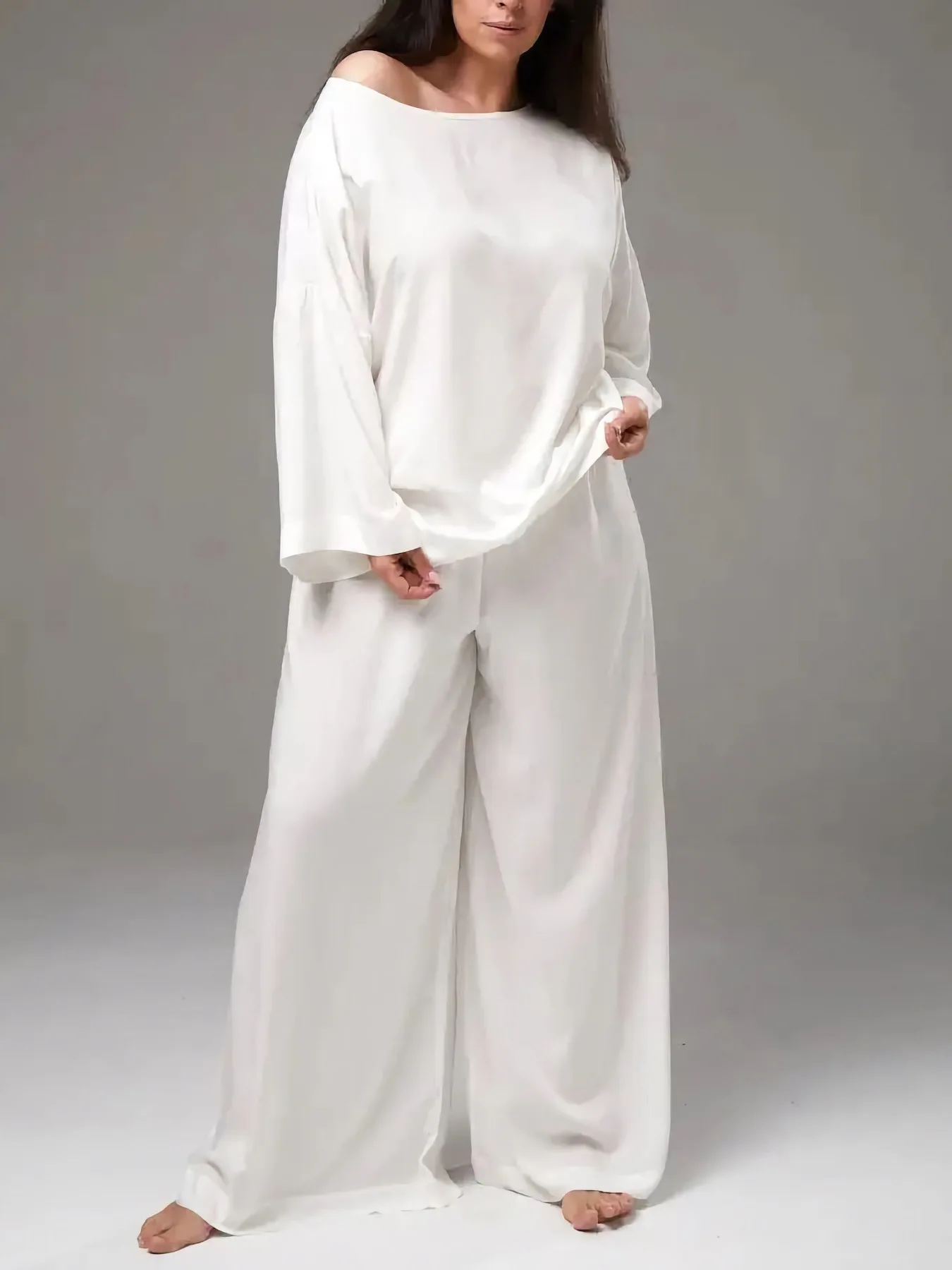 

Women Pajama Sets O Neck Lounge Tops Pullover Sleep Two Pieces Loose Full Length Wide Leg Pants Softness Smooth Casual