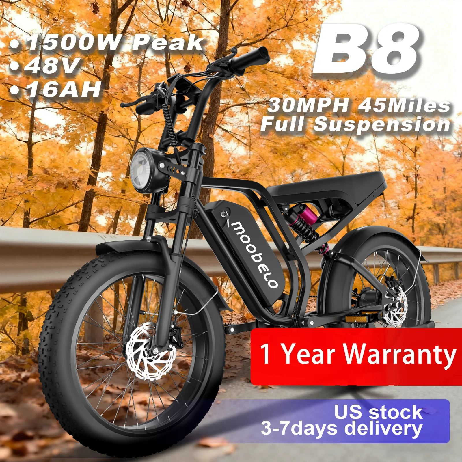 

Электровелосипед Moobelo B8 1500W 52V 20Ah 20 дюймов, 30 миль/ч, запас хода 80 миль, 7 скоростей, полная подвеска, гидравлические тормоза, сертификация UL, доставка по США