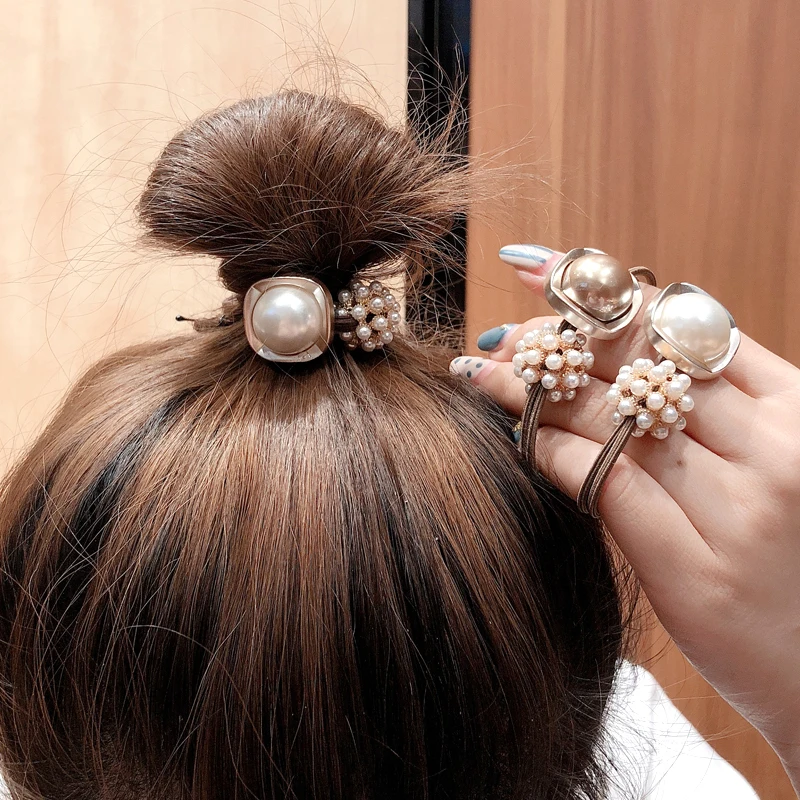 Korean style cute fresh pearl hair rope net celebrity same style hair elastic band hair accessories