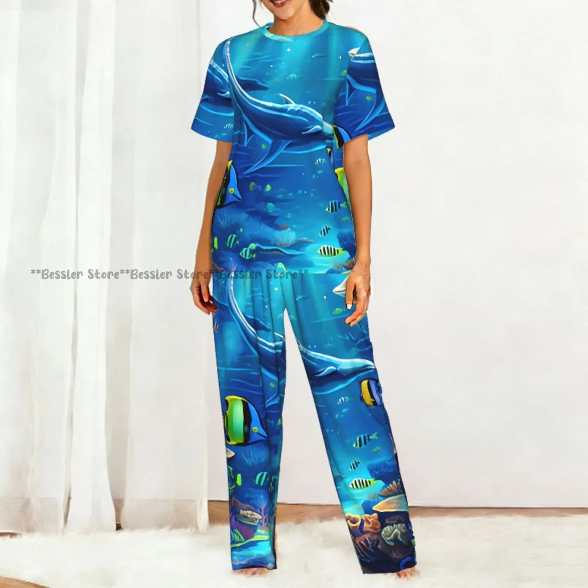 Women Pajama Sets Lounge Sleepwear Underwater World Ocean Animal Plant Fish Short Sleeve Nightwear view 5