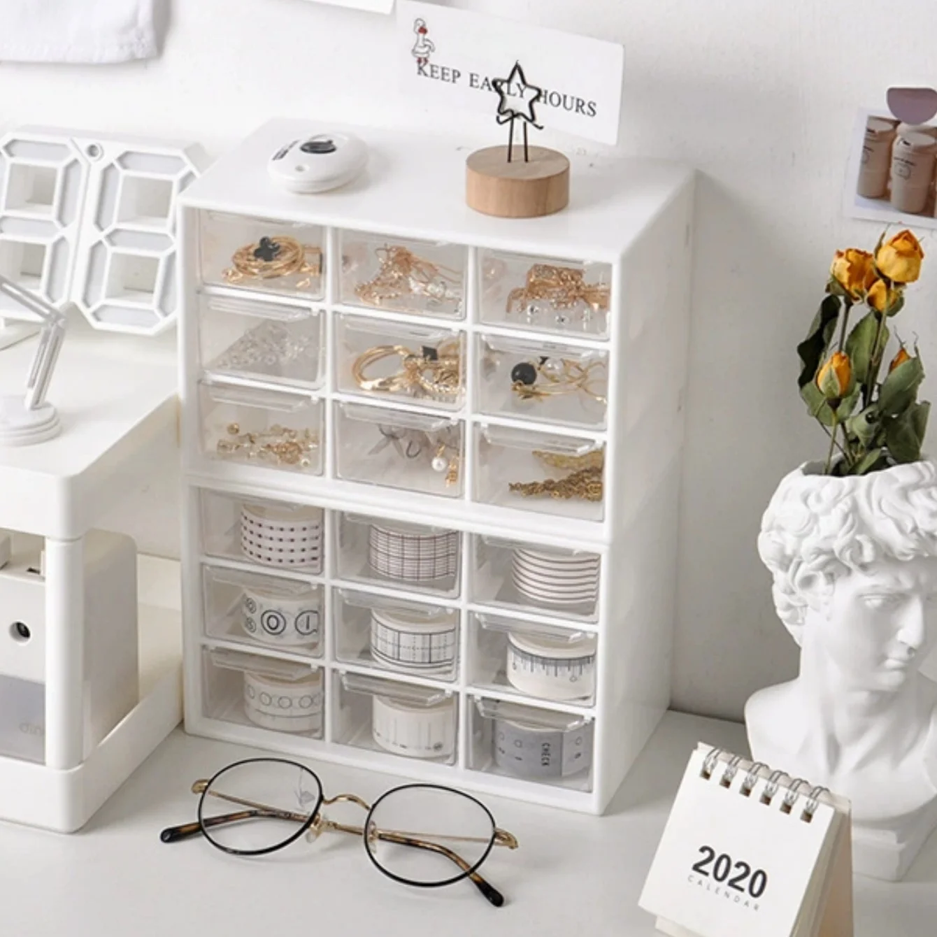 Bead Material Storage Box. The Nine Grid Drawer Style Storage Box Is Stackable.  Makeup Organizer for Dressing Table and Office view 2
