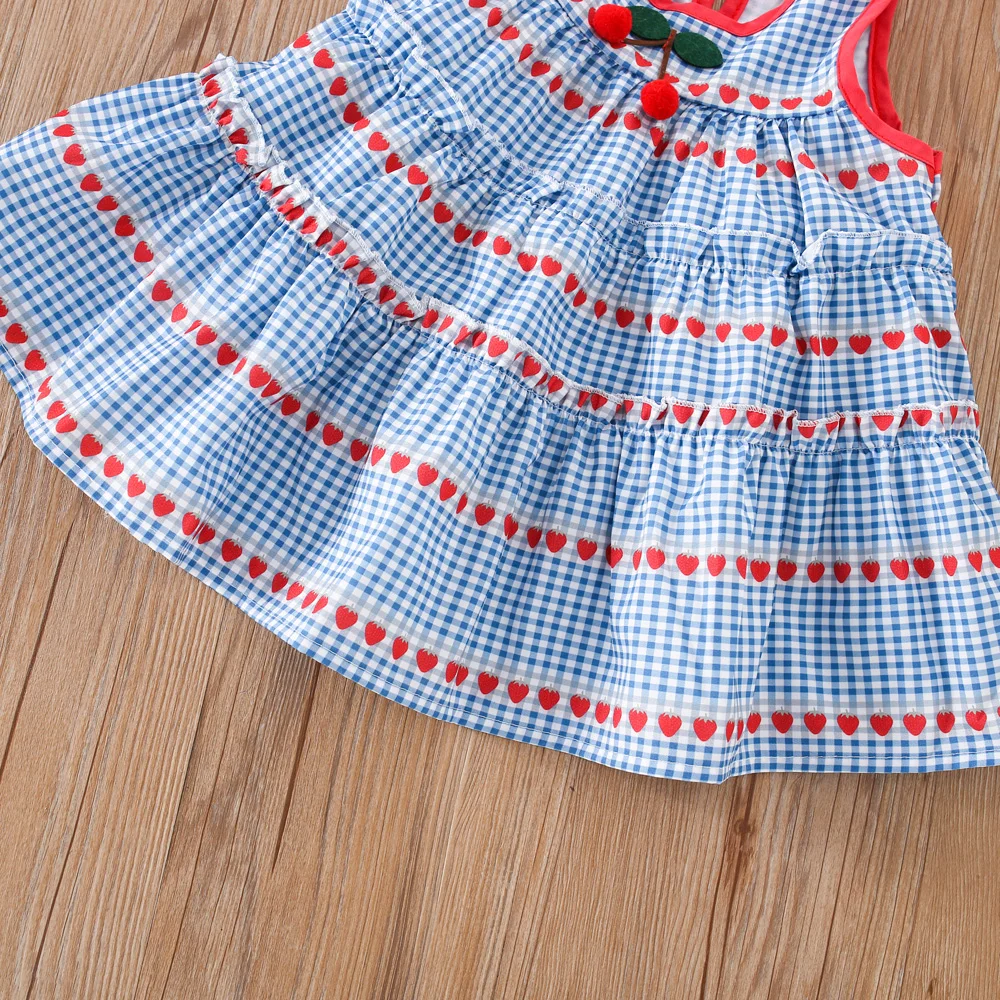 Summer Girls Dress With Heart-Shaped Checkered Print Cherry Crossbody Bag Baby Girls Dress (0-4 Years Old)