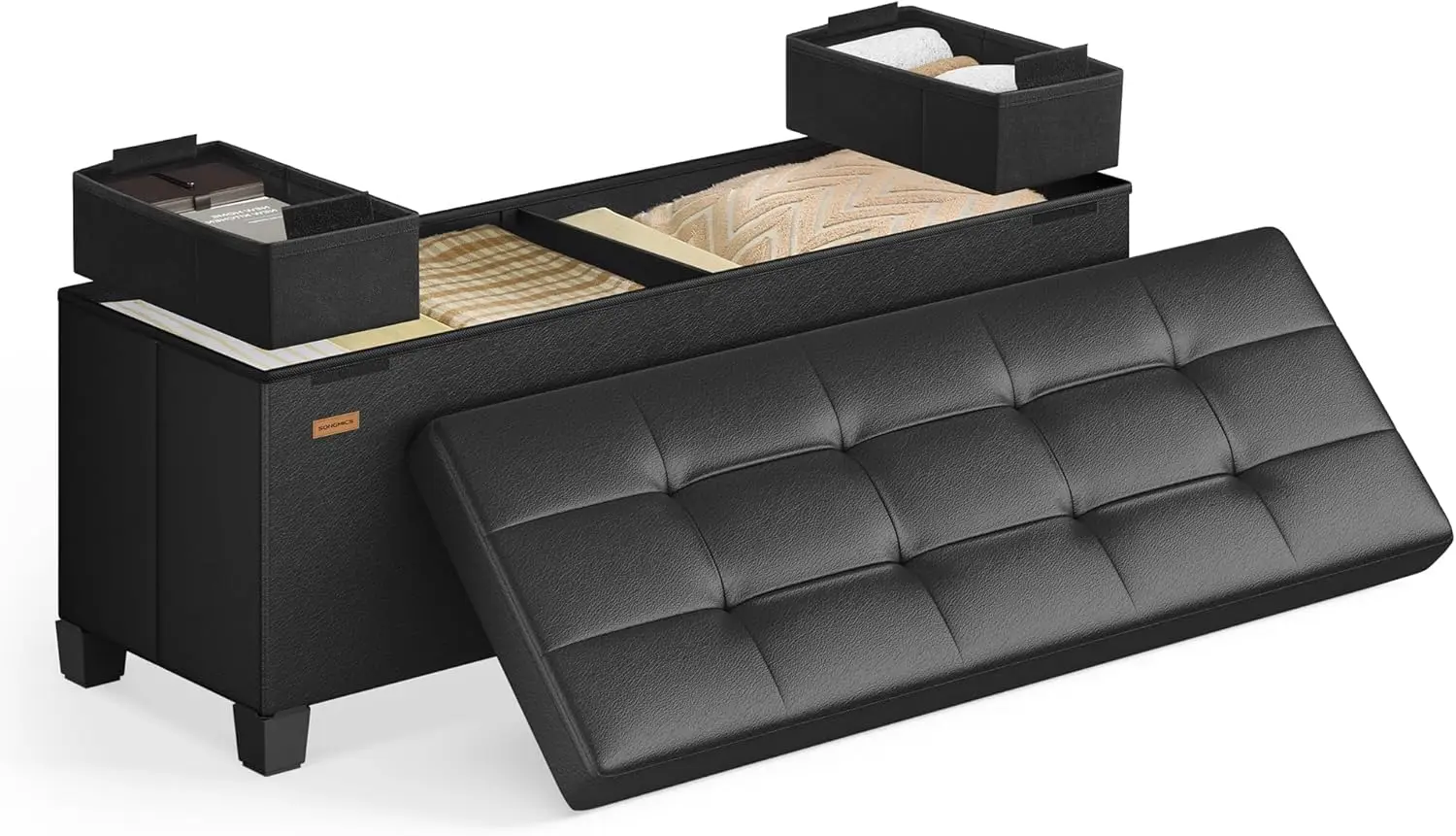 

Foldable Storage Ottoman Bench with Legs, 30 Gal. Capacity, Synthetic Leather, for Living Room Entryway in Black