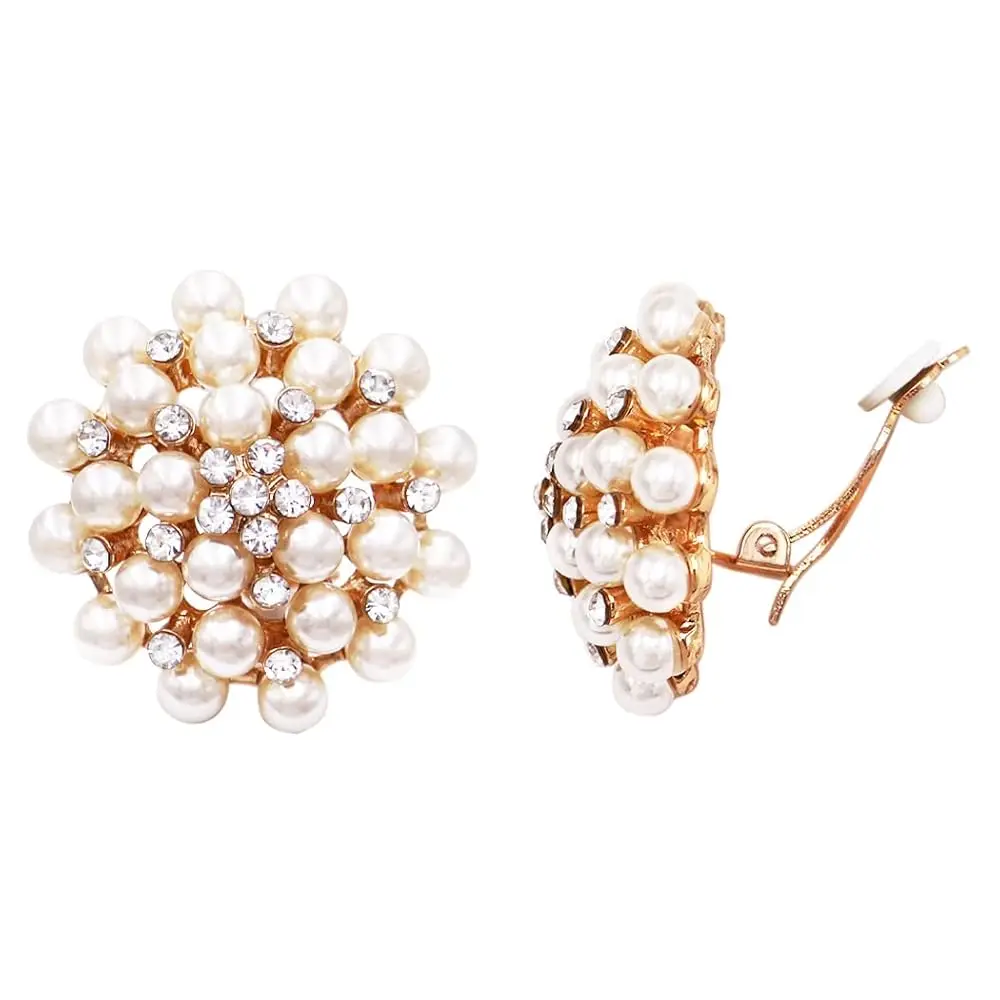 

Women's Timeless Classic Simulated Pearl And Crystal Rhinestone Cluster Clip On Earrings, 1.5\