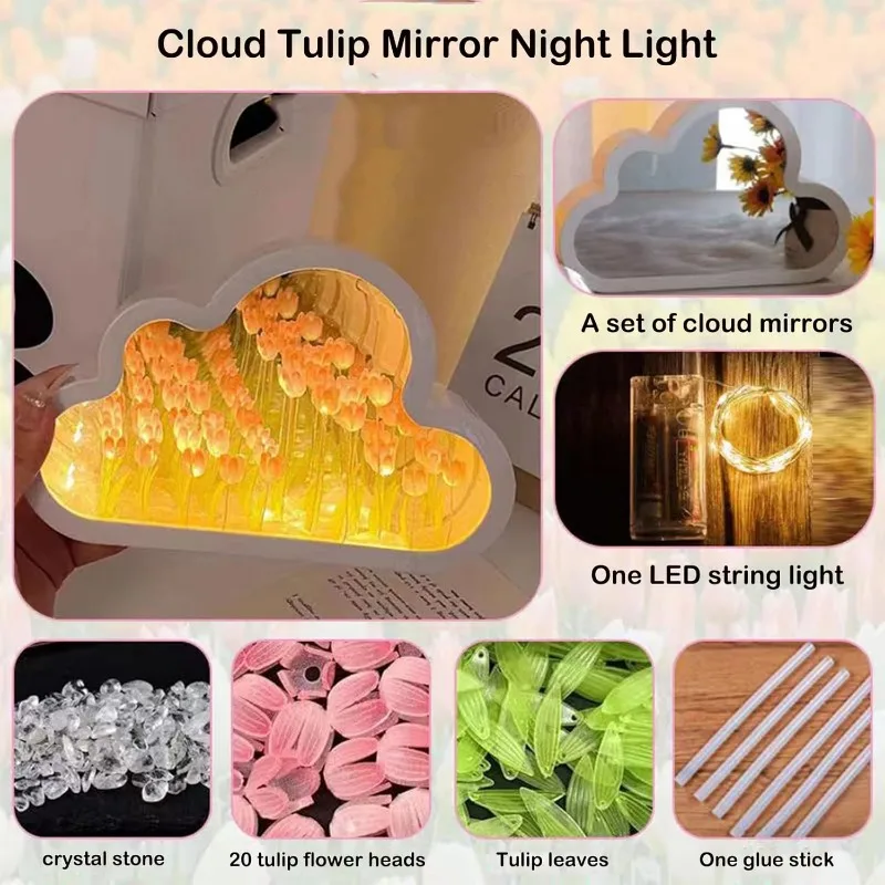 20 Flower Tulip Cloud Lamp DIY Tulip Cloud Mirror Night Lights for Bedroom Creative Gift for Teen Girls Couple Friends Children