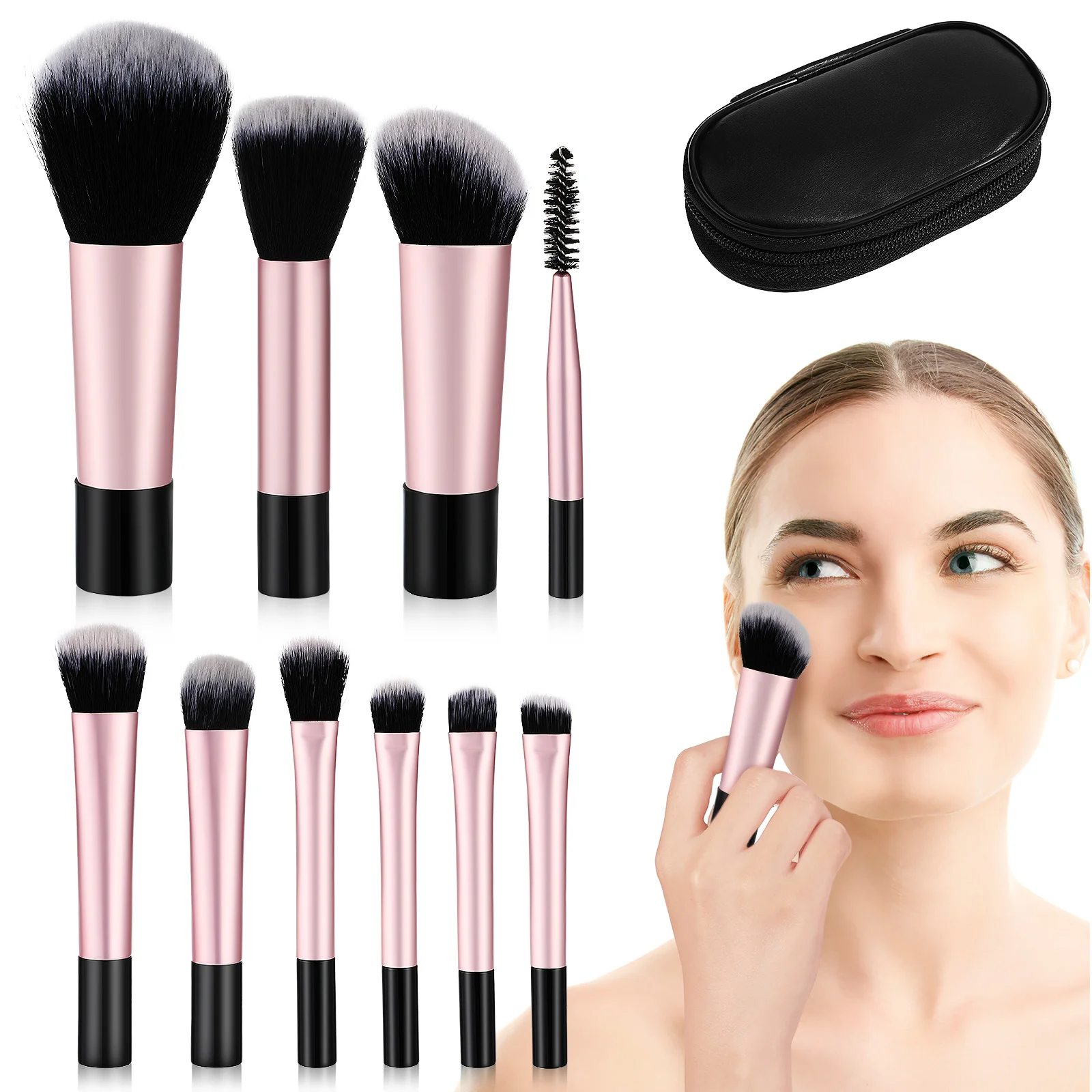 10 Pcs Travel Size Mini Makeup Brush Set Toiletry Bag Brushes Artificial Fiber Small