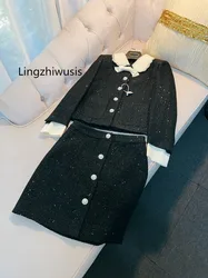 Lingzhiwusis Tweed Coat Bud Skirt Set Autumn Female Top Quality Fashion Ladies Luxury Bow Peter Pan Collar Skirt Suit NewArrival