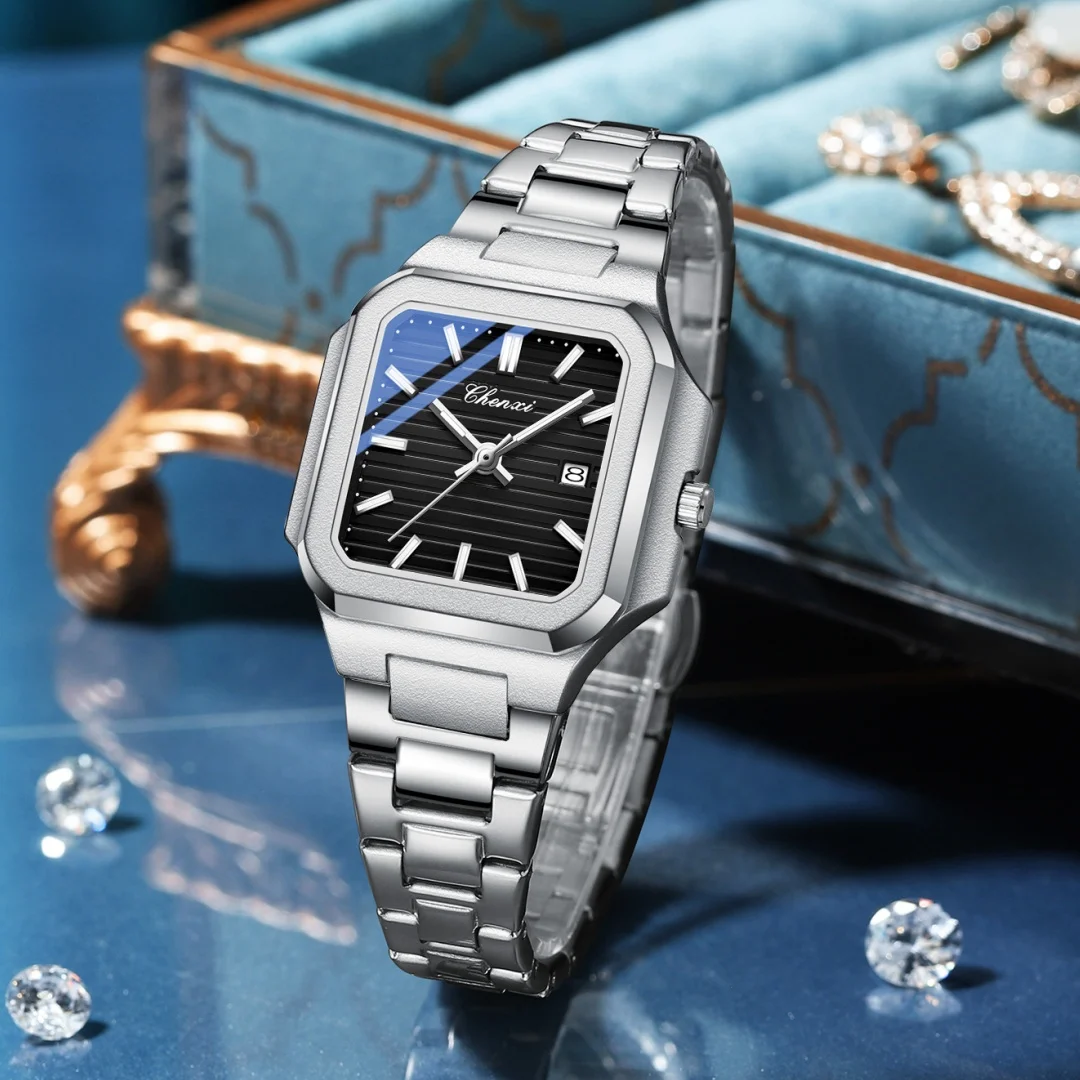 CHENXI 8266 Square 1pc Quartz Watch Stainless Steel Watchband Lovers Watch 30M Waterproof Hot Men's Women's Watch Montres Hommes