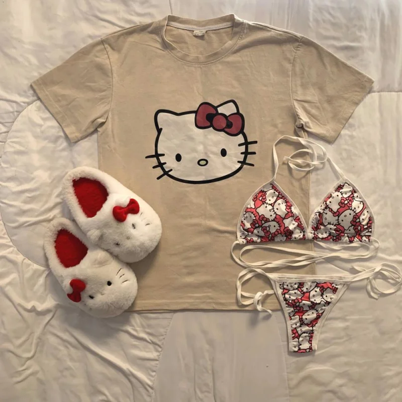 

Футболка Hello Kitty с короткими рукавами, хлопковый универсальный топ в стиле Харадзюку, мягкий удобный милый кавайный уютный стиль Y2K