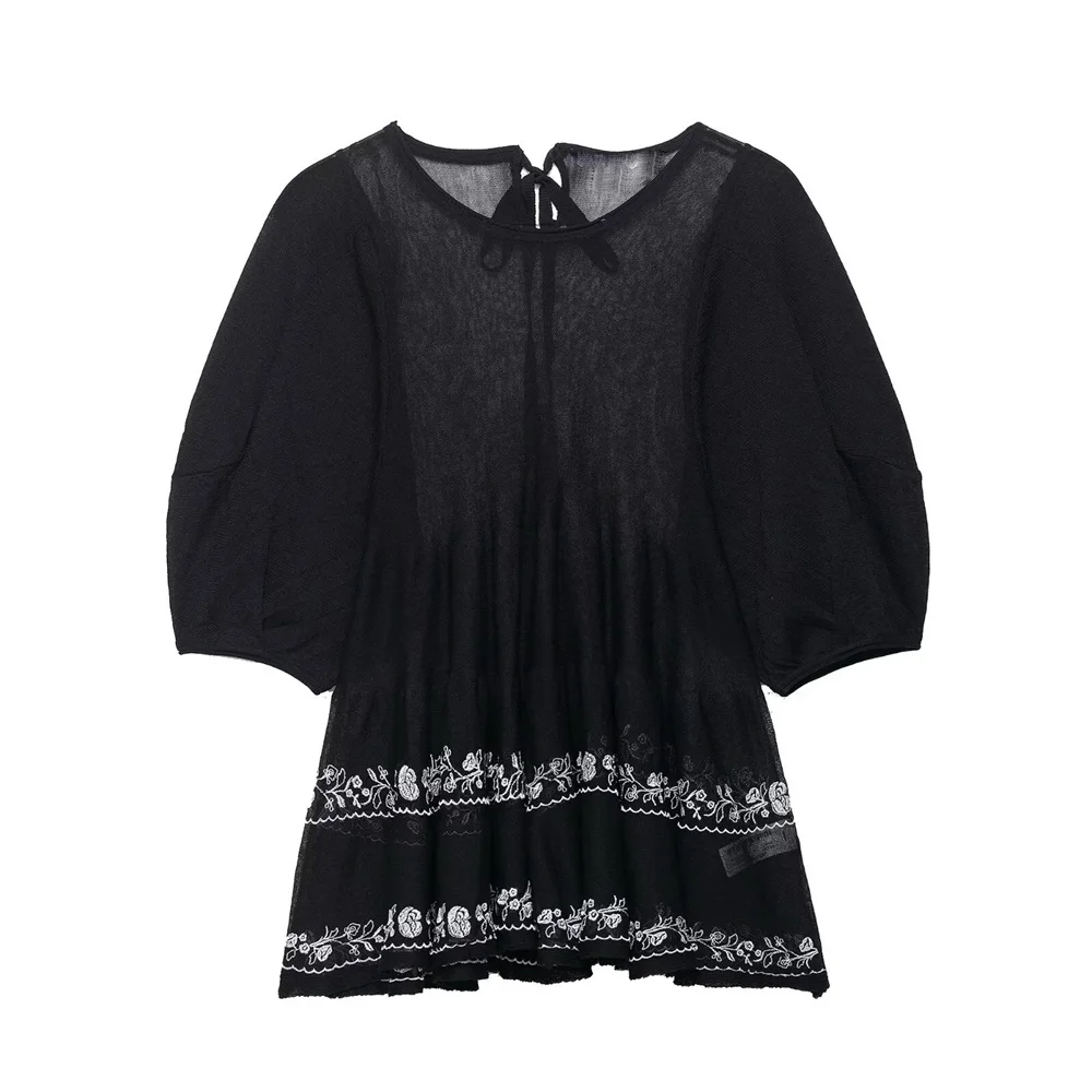 

Taop&Za women's bow tie combination color contrasting embroidery asymmetrical hem round neck shirt summer new casual top