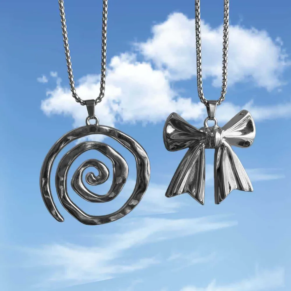 Bohemian Fashion Sliver Color Geometric Thread Vortex Symbol Bow Pendant Necklace for Men Women Retro Simple Beach Jewelry Gifts
